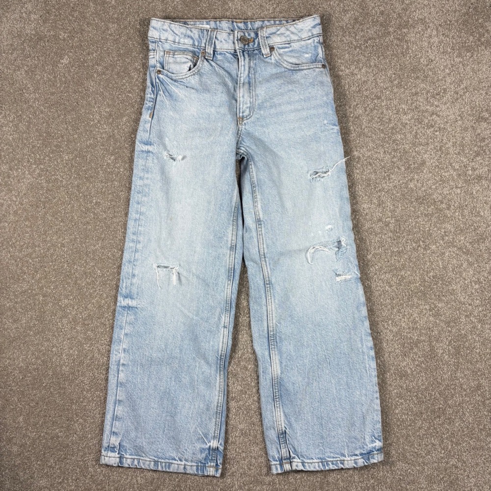 Zara Kids Light Wash Distressed Wide Leg Denim Jeans Size 8-9 Blue Distressed